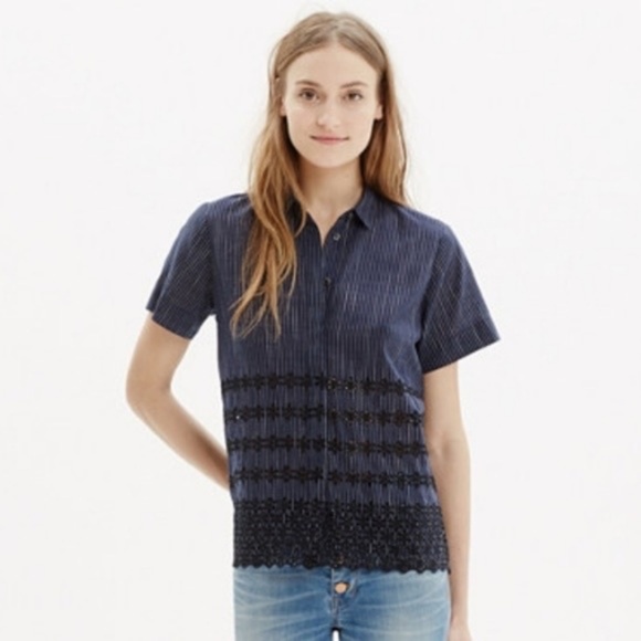Madewell Eyelet-Hem Navy Striped Button Down Shirt - Picture 1 of 9